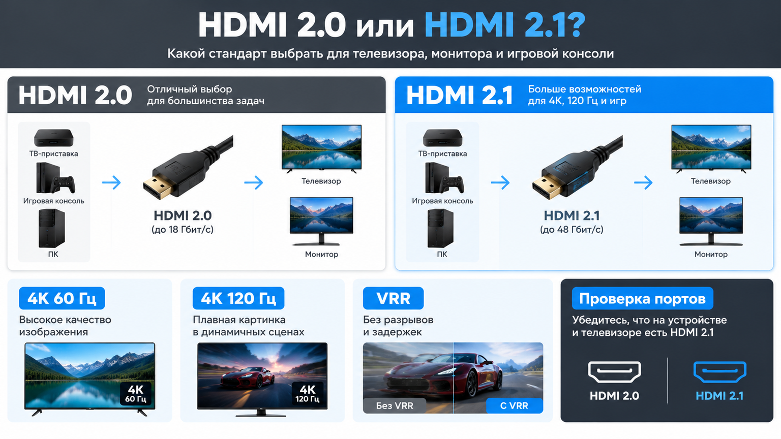 Инфографика: HDMI 2.0 и HDMI 2.1: что выбрать для ТВ, монитора и консоли