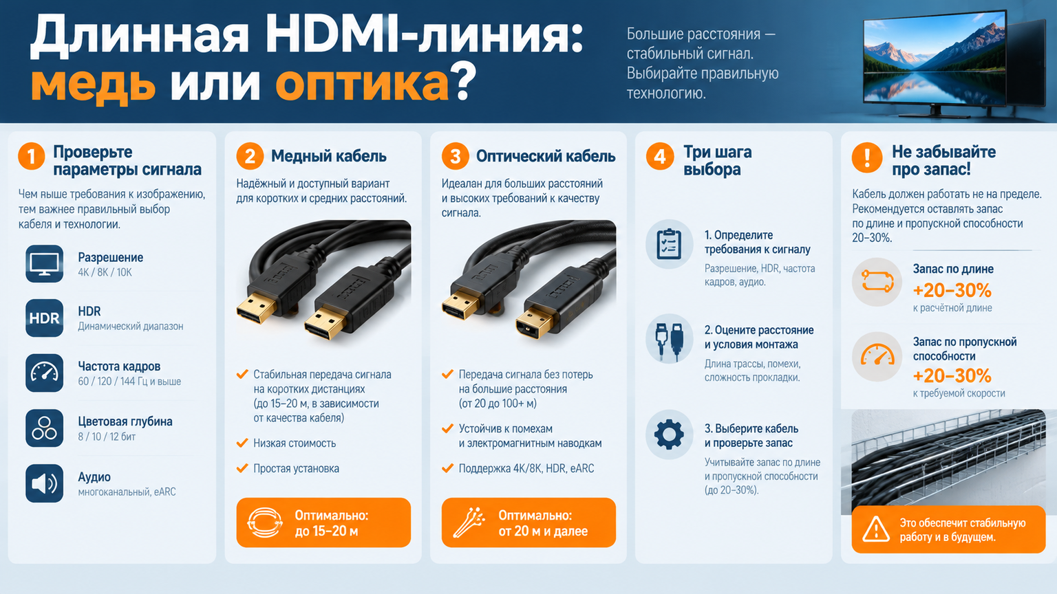 Инфографика: Оптический или медный HDMI-кабель для длинной линии